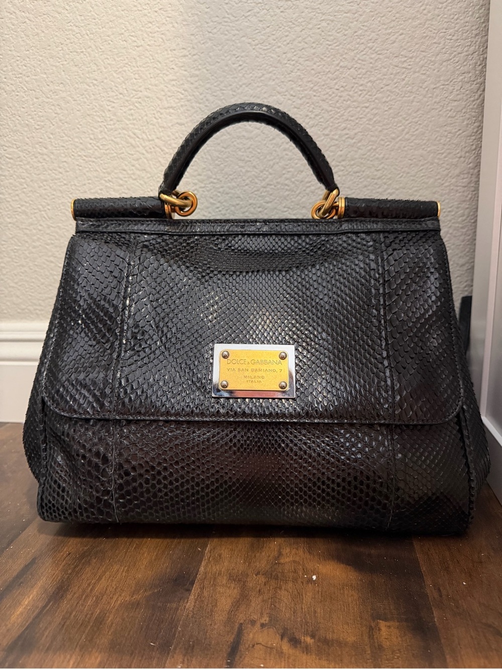 Dolce & Gabbana Black Python Sicily Top Handle Satchel with Gold Plaque